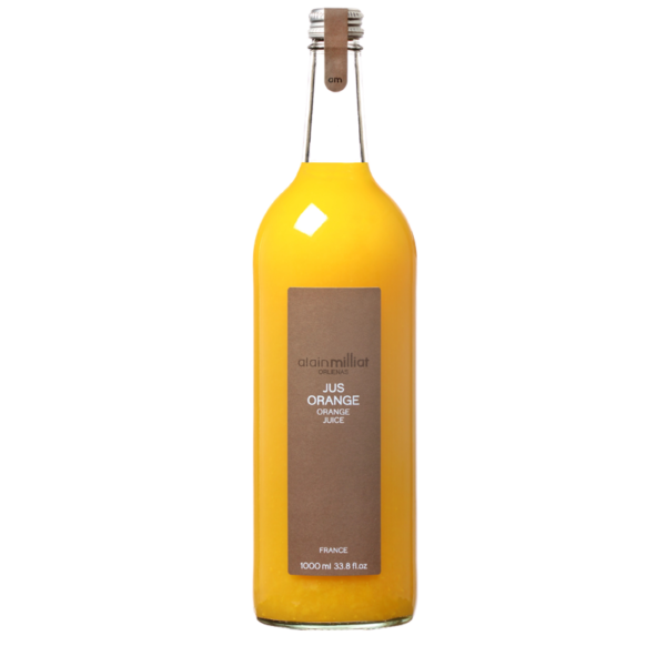 Délicieux jus d'orange de chez Alain Milliat, bouteille en verre 1l