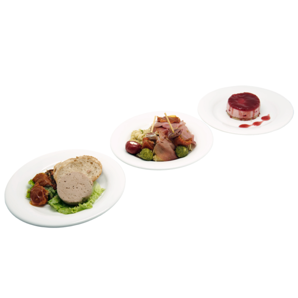 Plateau repas Le Mans - Mousseron de canard au porto, Mini brochette antipasti, Bavarois fruits rouges